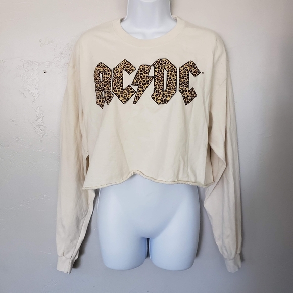 AC/DC Women's M/L Beige Long Sleeve Crop Top T-shirt Leopard Print Band Tee - Picture 1 of 6
